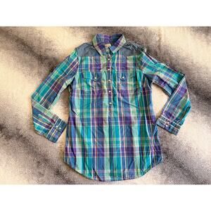 Hinge Plaid Western Shirt Blue Purple Green Denim Yoke Pearl Snap Size Medium
